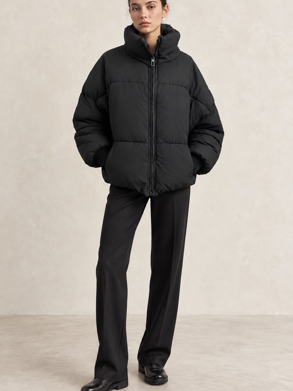 Zara Black Oversized Puffer Jacket High Collar Balloon Sleeve Coat M